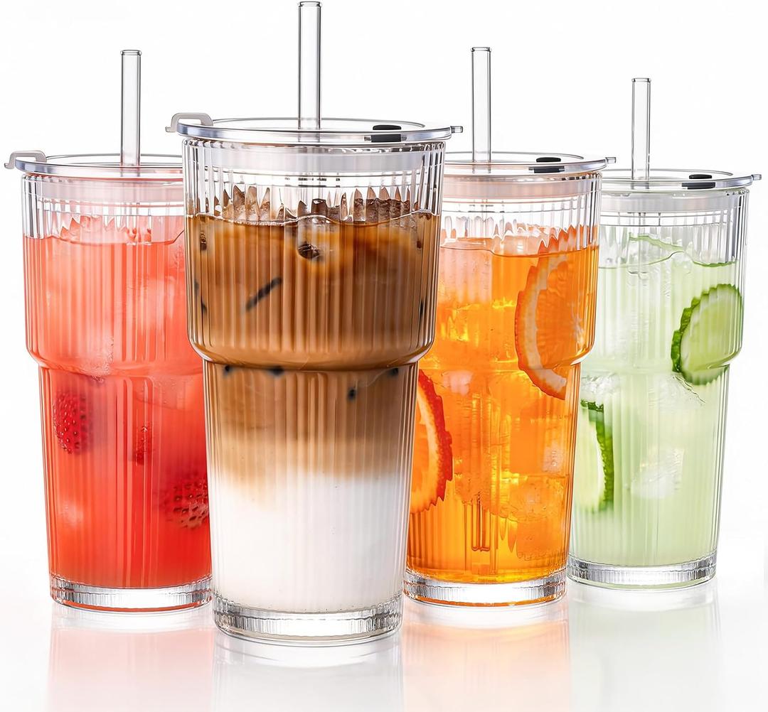 GOSCHE 20oz Glass Tumblers with Straws and Lids, Ribbed Iced Coffee Cups Leak-proof, Dishwasher Safe, Thickened Glass Cups with Lids Ideal for Coffee and Travel, Clear, 4 Pack