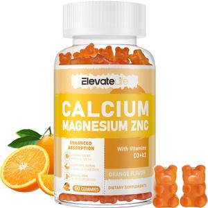 Calcium Magnesium Zinc Gummies with Vitamin D3 & K2 - High Potency Enhanced Absorption -60 Orange Gummies Flavored (60 Count (Pack of 1))
