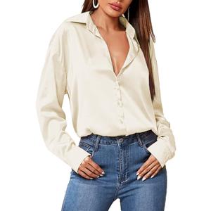 HOTOUCH Women Satin Silk Button Down Shirt Ladies Long Sleeve Tops V Neck Loose Blouse Dressy Business Casual Work Tunic Fall (Small, Beige)