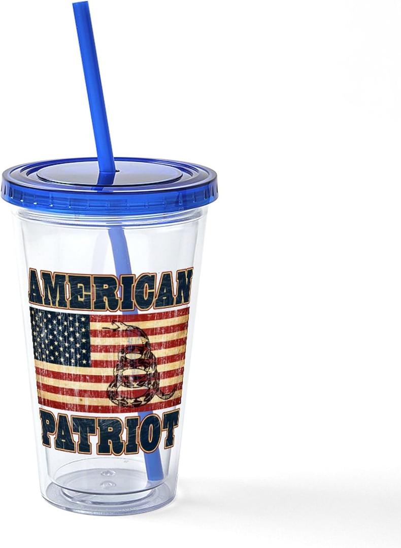 CafePress USA America Flag Patriotic 16 oz Insulated Straw Tumbler with Lid