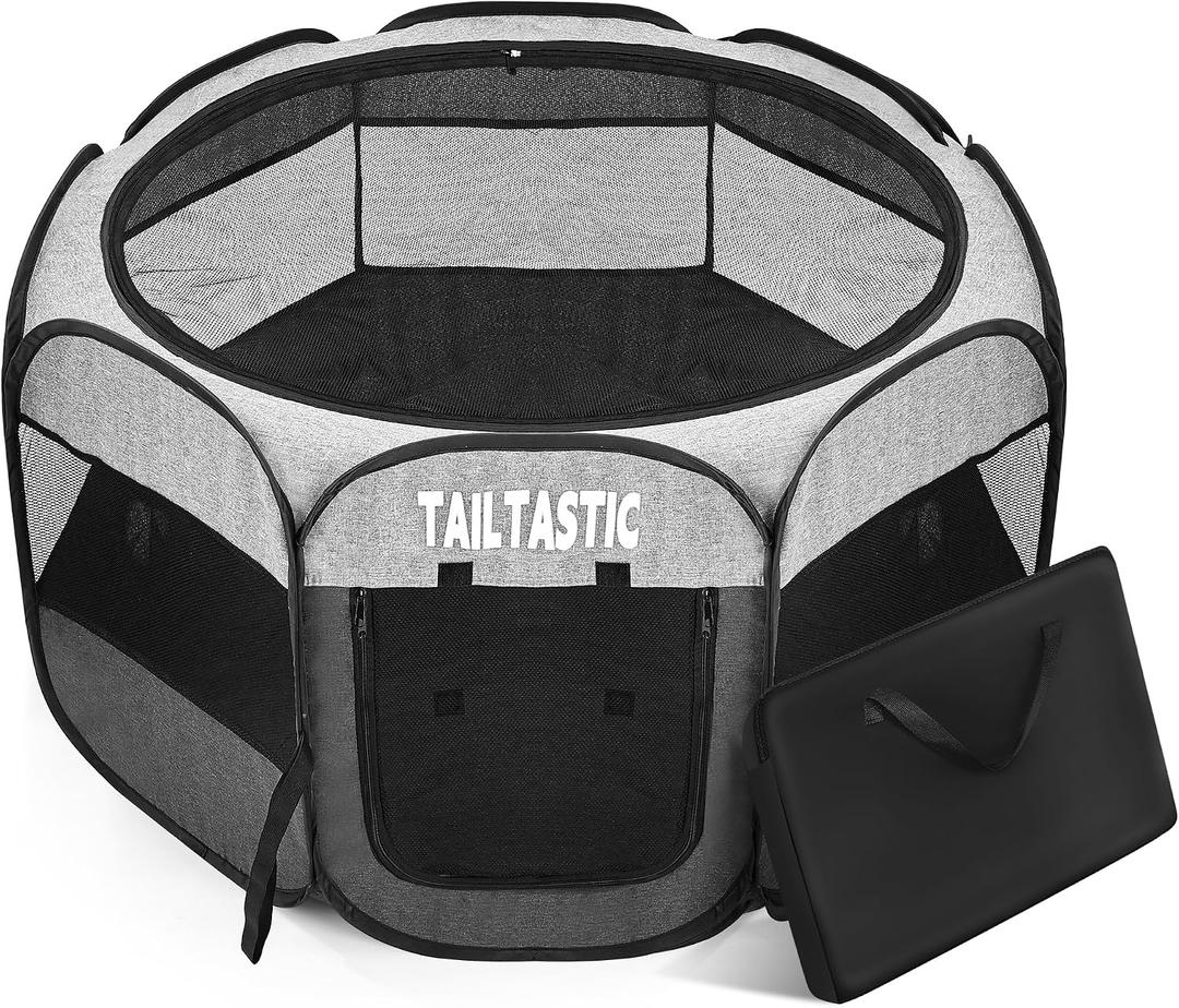 Portable Pet Playpen for Medium Dogs & Cats, Foldable Puppy Safety Pen with Removable Zipper Top, Breathable Mesh Dog Delivery Room, Indoor Isolation Cage for Pets (Light Grey, Medium)