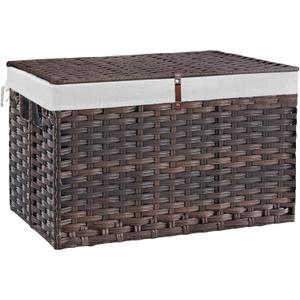 180L Wicker Storage Basket with Lid, Handwoven Rattan Large Shelf Basket with Removable Liner, 47.6 Gallon Wicker Basket for Blanket, Storage Trunk with Handle for Closet, Bedroom, Livingroom, Brown (180 L(31.5 x17.72 x 19.68 Inches))