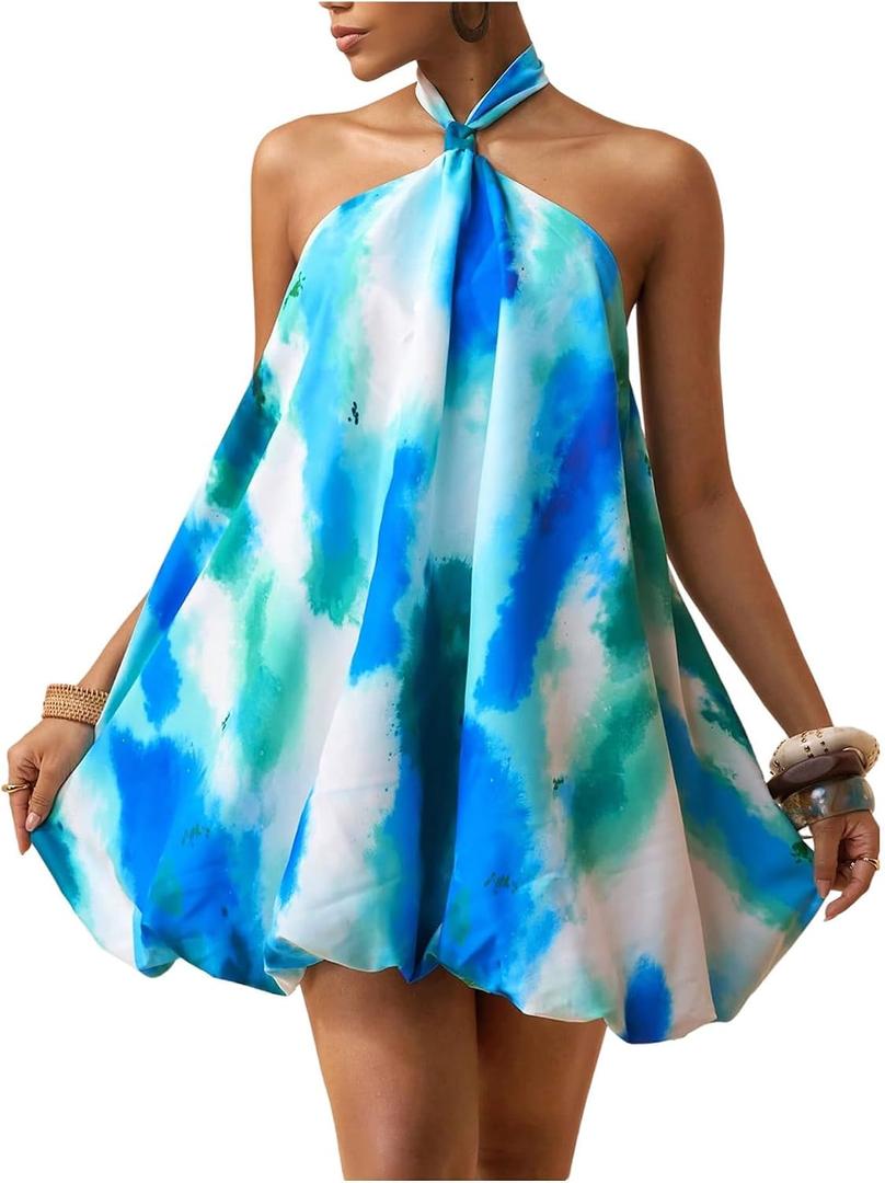 OYOANGLE Women's Tie Dye Halter Bubble Dress Backless Flowy Mini Sundresses | Beach Vacation Dress, Cute Summer Dresses, Boho, Chic, Casual, A Line, Sleeveless, Short Dress (Blue, M)