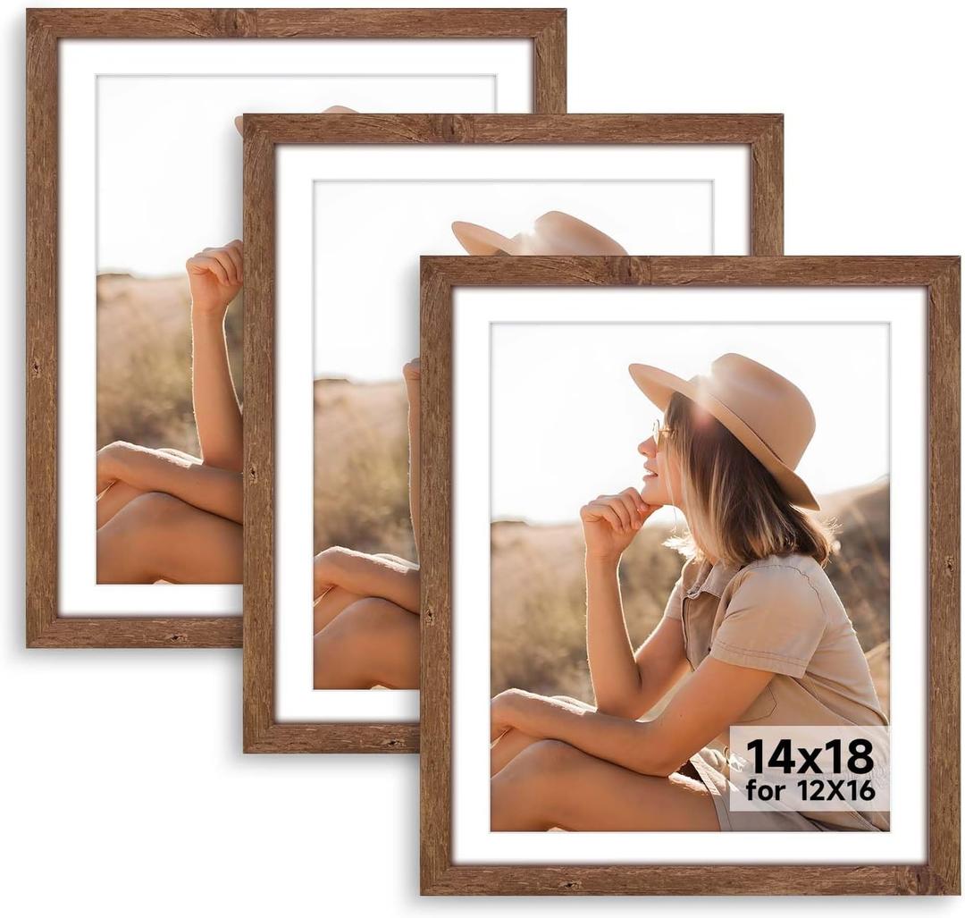 HLiWEGNS Light Walnut 14x18 Frame Set of 3 - Rustic Woodgrain 14 x 18 Poster Frame for Pictures 12x16 with Mat or 14x18 Picture Frame Without Mat for Wall Gallery Display - Ideal Christmas Day