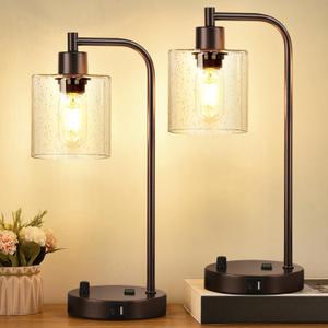 Set of 2 Oil Rubbed Bronze Table Lamps with 2 USB Port, Fully Stepless Dimmable Bedside Lamps for bedrooms, Industrial Nightstand Desk Lamps with Seeded Glass Shade for Living Room 2 LED Bulb Included (Seeded Glass&Oil-Rubbed Bronze(Base)-Two 2700K Bulbs Included)