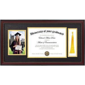 upsimples 11x22 Diploma Frame with Tassel Holder for 8.5x11 Certificate and 5x7 Photo with Black over Gold Mat, High Definition Glass, Mahogany with Gold Beads, 1 Pack
