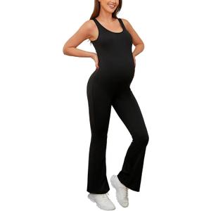 Maternity Jumpsuit Flare Leg Tank Scoop Neck Bodycon Full Length Maternity Bodysuit, S