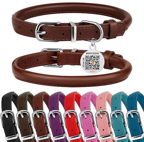 BRONZEDOG Rolled Leather Dog Collar for Small Medium Large Dogs with QR ID Tag (S: 12-14 Inch, Chocolate Brown) BRONZEDOG Rolled Leather Dog Collar for Small Medium Large Dogs with QR ID Tag (S: 12-14 Inch, Chocolate Brown)