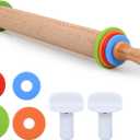 Rolling Pin with 4 Adjustable Thickness Rings and Long Handle 13.6 Inch Wooden Dough Roller for Baking, Dough, Cookie, Cake, Fondant, Pizza and Pie Crust