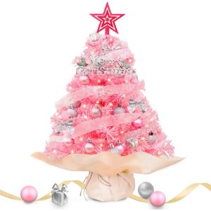 MODFUNS Pink Small Christmas Tree Tabletop Artificial Mini Christmas Trees 2ft Small Xmas Tree with Lights Pencil Christmas Tree with Plastic Base Family Christmas Trees for Winter Holiday Decor (24 Inch)