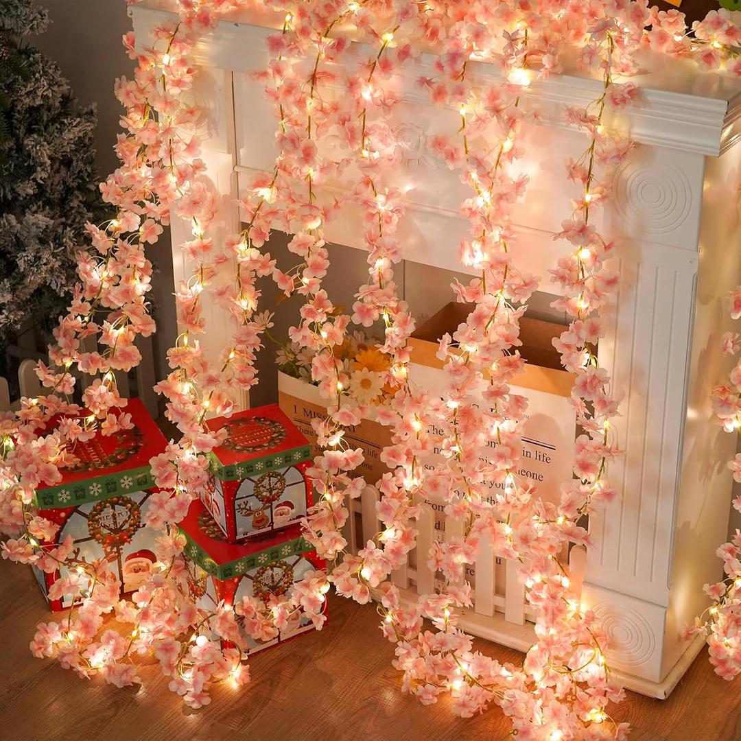 Cherry Blossom String Lights Artificial Flowers Outdoor Hanging Silk Flowers Garland for Wedding Party Home Bedroom Decor Pink Room Decor Aesthetic
