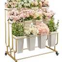Flower Display Stand Frame, 3-Tier Flower Cart with Wheels, Metal Floral Display Rack , Moving Florist Bouquet Shelf for Shop , Flower Bar, Events (Gold - 3 Tier) , Without Flower Buckets