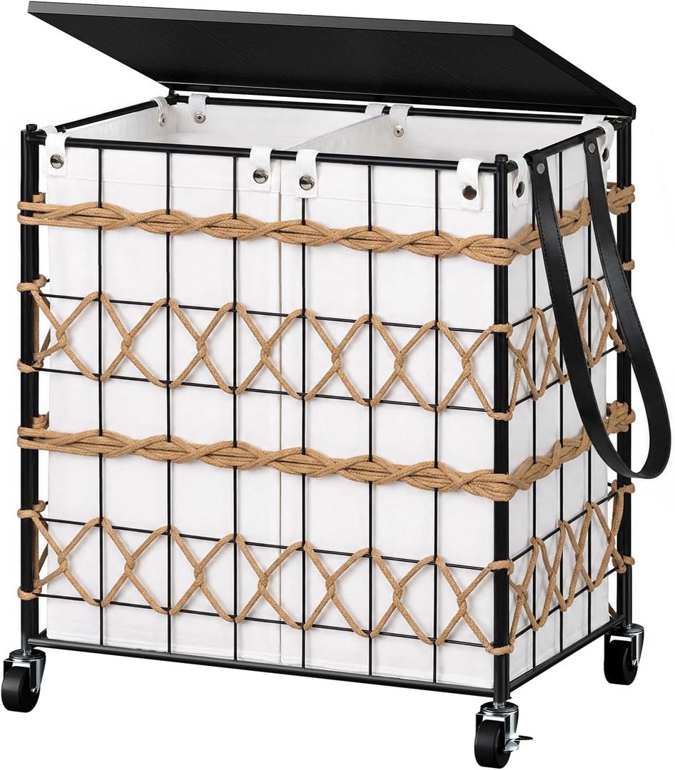 Double Laundry Hamper with Wheels and Lid, 120L Handwoven Laundry Basket