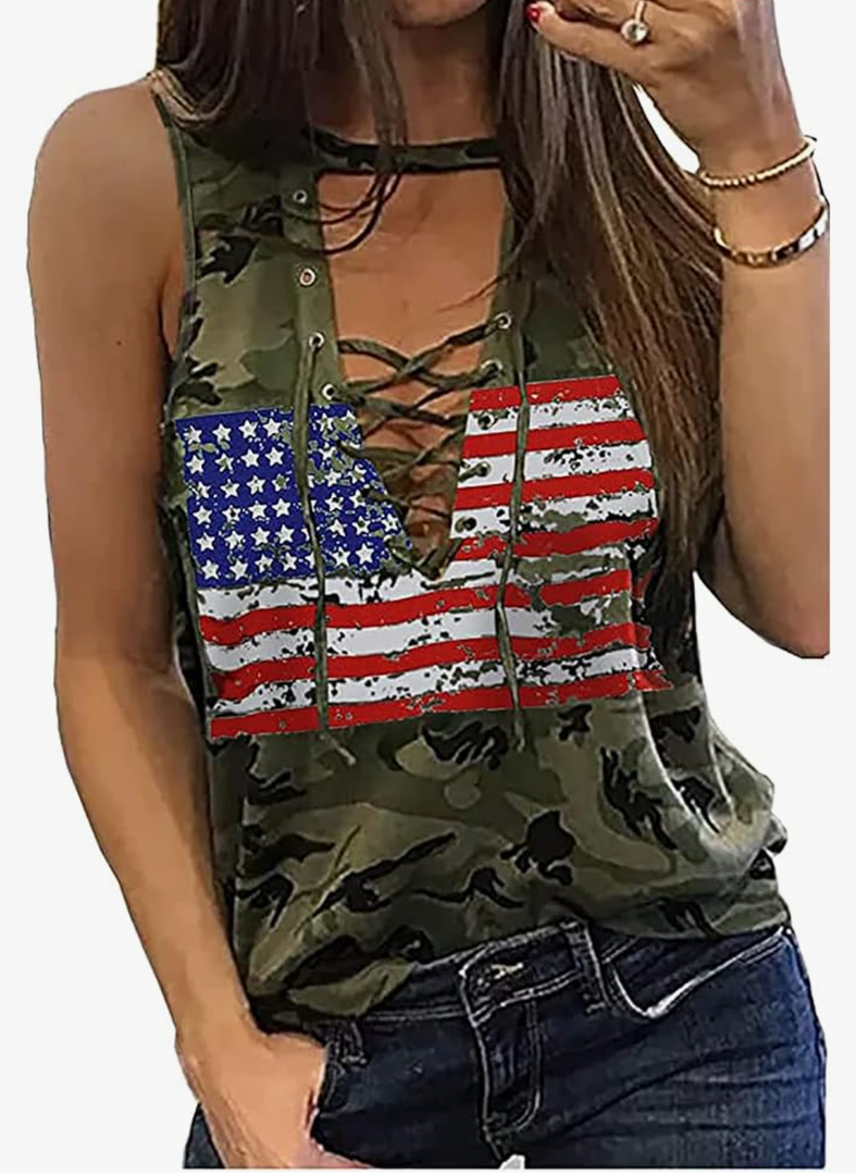 Large American Flag Lace Up Tank Tops, 4th of July Shirts, Sleeveless Stars Stripes US Flag Patriotic Tee Tops, Loose Casual Style (Medium)