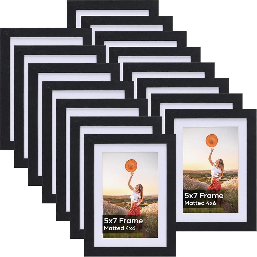 Lyeasw 4x6 Picture Frames Black Set of 15, Display Pictures 4x6 with Mat or 5x7 without Mat, Multi Photo Frames for Wall Hanging or Tabletop