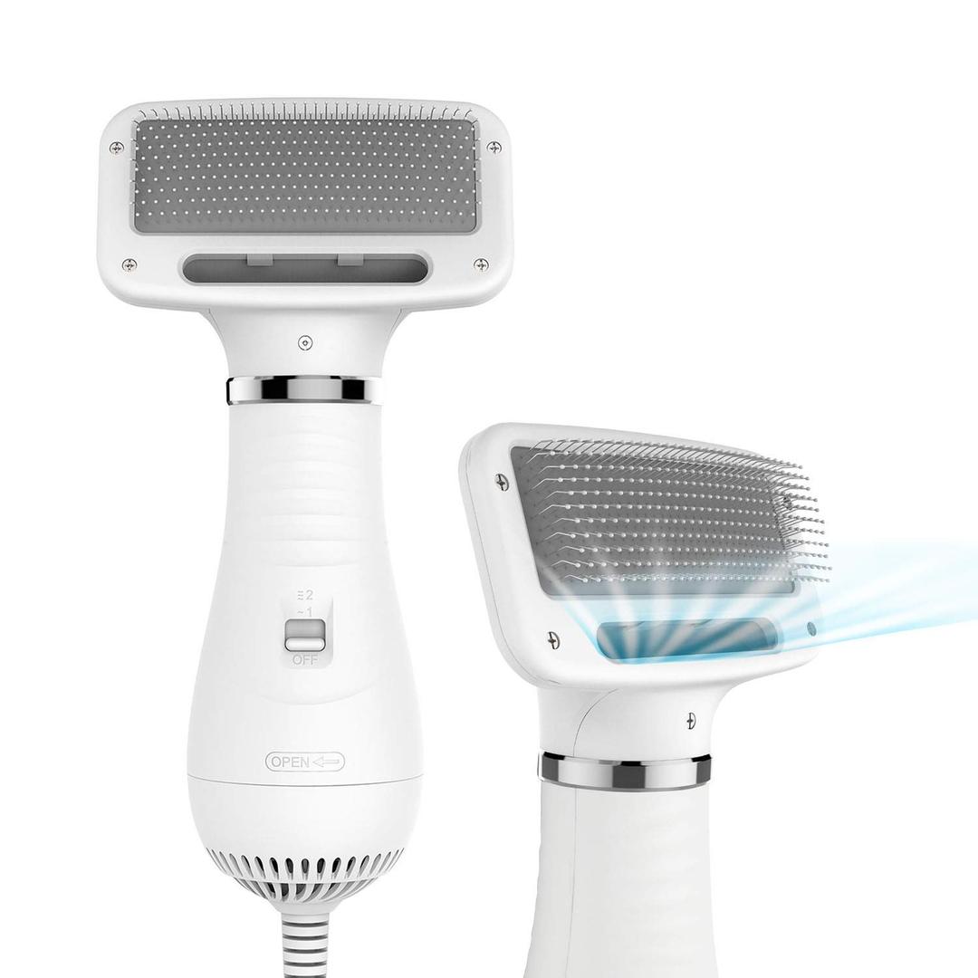 iPettie Pet Grooming Hair Dryer with Slicker Brush, White, Quiet, 2 Heat Settings, Professional Home Use for Short Straight Hair Cat, Narrow Gap Slicker Brush