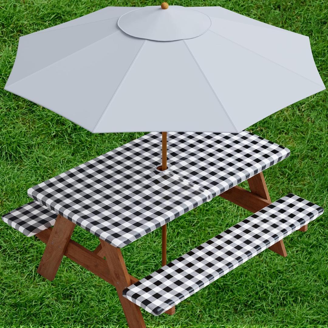 Sorfey Vinyl Umbrella Picnic Table and Bench Fitted Tablecloth Cover, Checkered Design, Flannel Backed Lining, 30x72 Inch, 3-Piece Set, Black