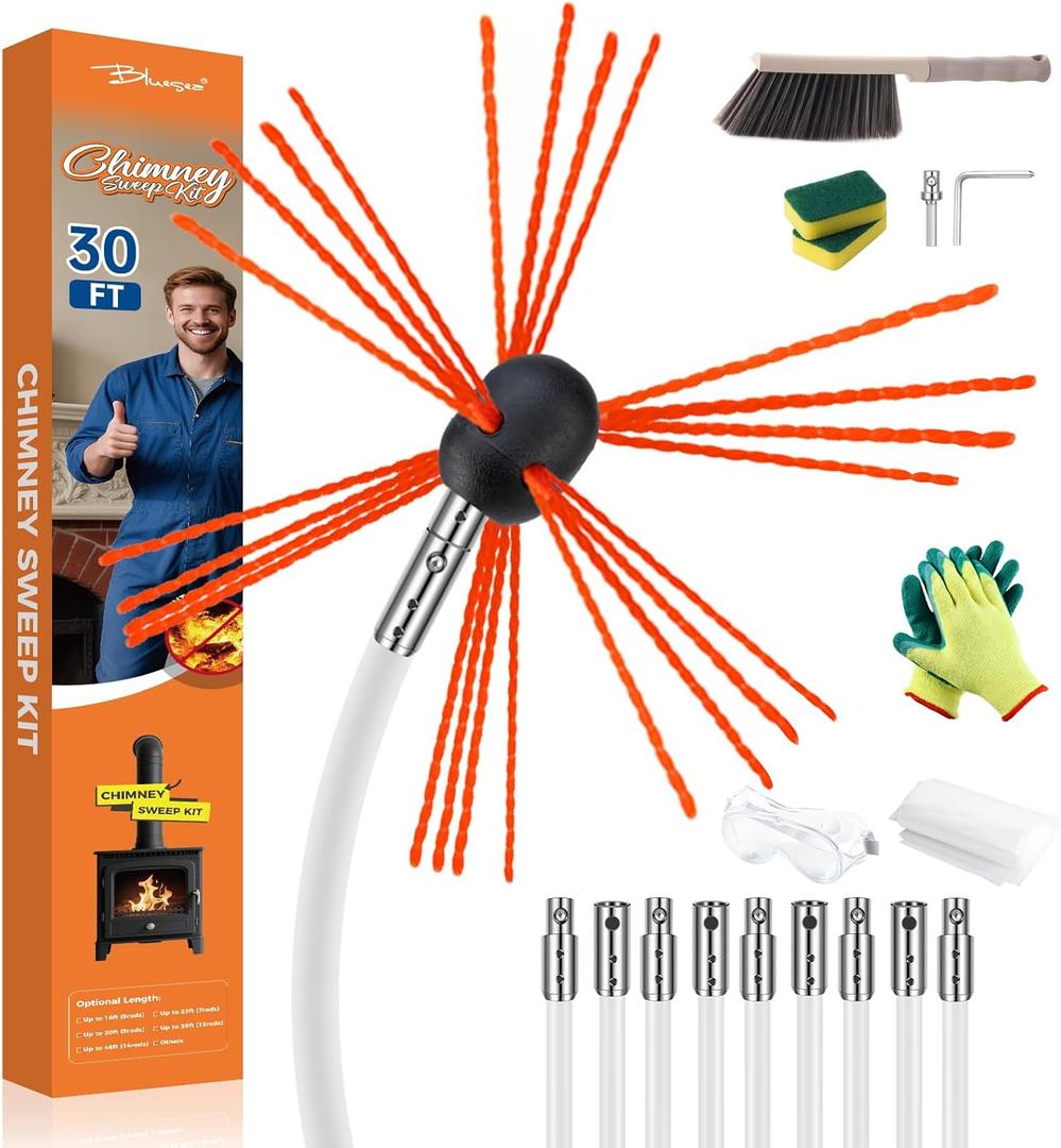 Bluesea 30 Feet Chimney Sweep Kit, Ergonomic Chimney Cleaning Kit, Extends Up to 30 Feet, Chimney Cleaner, Chimney Cleaning Tools, Chimney Cleaning System with Strong Brush, 9 Flexible Chimney Rods