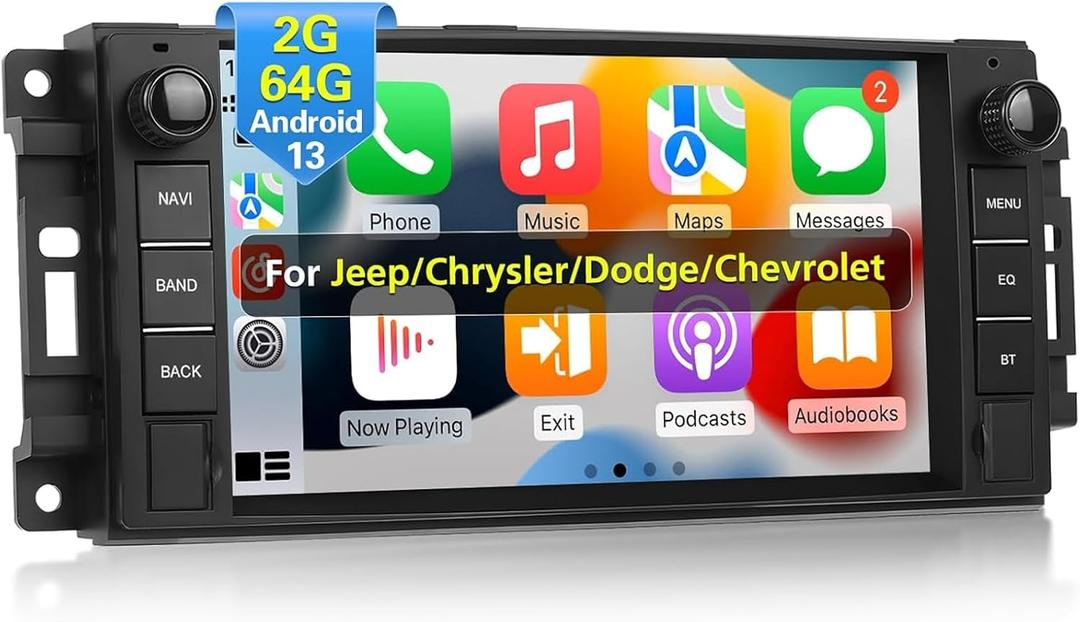 NHOPEEW [2+64G] Car Radio for Jeep/Chrysler/Dodge/Chevrolet - Wireless Carplay and Android Auto - 7 Inch Touch Screen Android Car Stereo with EQ Setting/WiFi/GPS/SWC + AHD Backup Camera