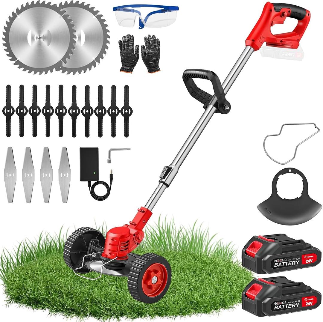 SakerPlus 24V Cordless Weed Wacker, 3-in-1 Electric Grass Trimmer & Brush Cutter with 2 Batteries, Lightweight Weed Eater Lawn Mower Edger with Wheels and 3 Blade Types for Yard, Lawn & Garden Care