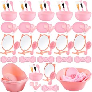 6 Set Spa Party Supplies for Women Pink Facial Mask Bowl Set with Facial Mask Bowls Spatula Brush Puff Measuring Scoop Basin Mirror Air Cushion Comb Headband Spa Birthday Party Favor