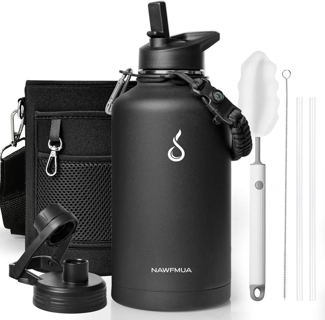 64 oz Insulated Water Bottle with Straw Lid and Spout Cap, Half Gallon Stainless Steel Water Flask with Carrying Pouch, Keep Cold for 48 Hrs Hot for 24 Hrs Water Thermo Canteen, Black