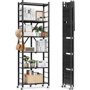 VEVOR 6-Tier Foldable Storage Shelf, 24W x 12D x 72H Inch Folding Metal Rack Shelving Unit, No Assembly Organizer Shelf with 5 Wheels & 4 Hooks for Pantry, Kitchen, Garage, Basement, Black