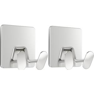 Adhesive Shower Hooks for Inside - Extra Sticky Stainless, Razor Holder Shower Accessories, Wall Mounted Self-Adhesive Double Hooks for Razor, Loofah, Towel, Shaver, Coat, Key, Silve, 2 Pack
