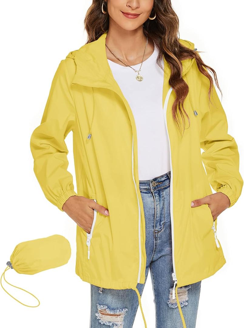 Avoogue Womens Waterproof Raincoat Lightweight Breathable Rain Jacket Hooded Rain Coat Outdoor Active Windbreaker with Pocket (Yellow, L)