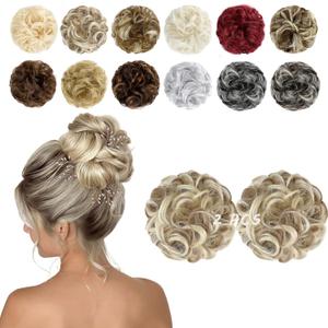 2 PCS Messy Bun Hair Piece Wavy Curly Scrunchies Synthetic Chignon Ponytail Hair Extensions Thick Updo Hairpieces for Women Girls(Dark Ginger Blonde Mix Bleach Blonde)