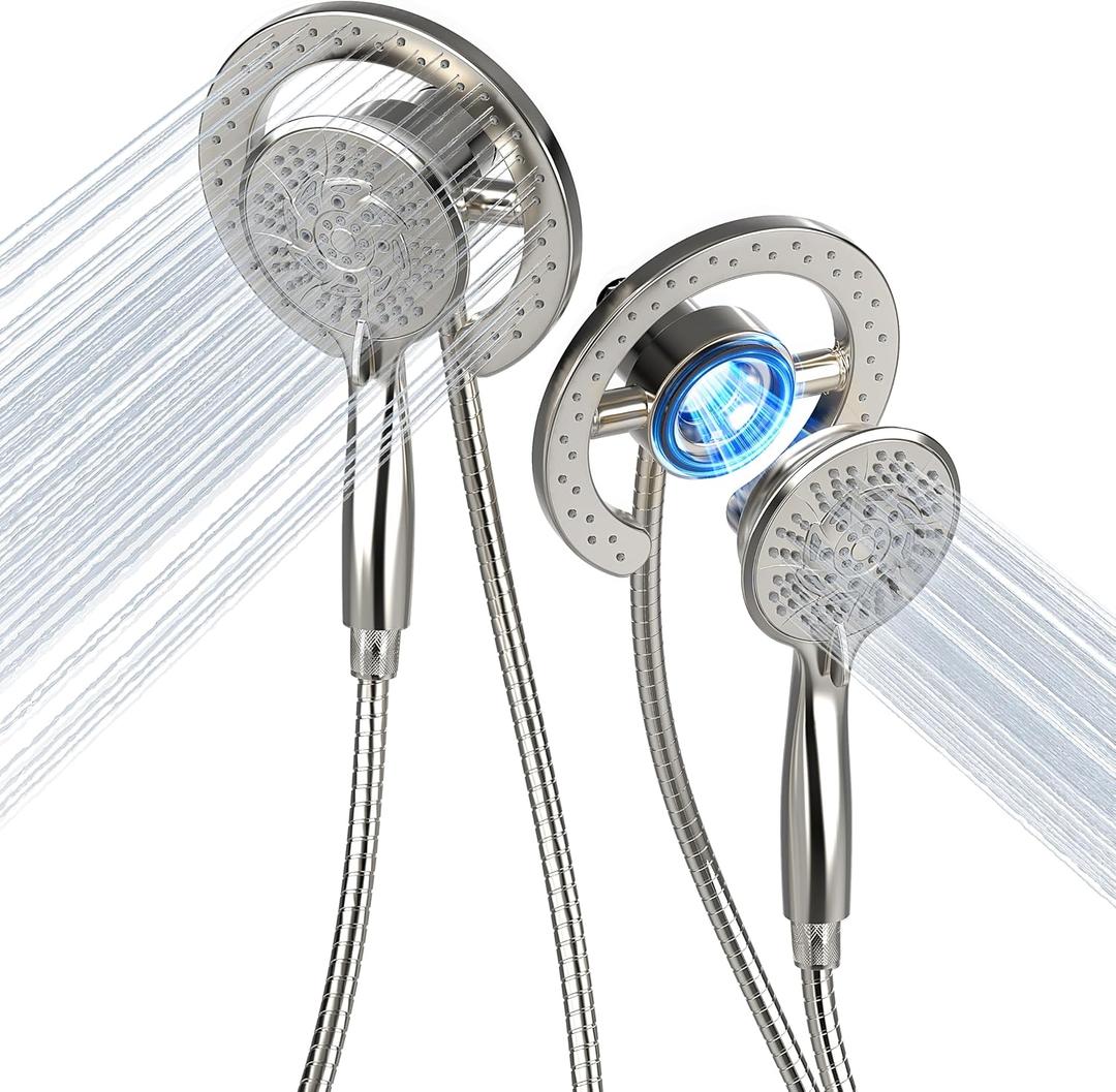 PRIMSOPH Shower Head Handheld Spray Combo 10 Mode Spray Settings Magnetic 2-in-1 High Pressure Dual Showerhead Auto-Switch Round Combination, Brushed Nickel