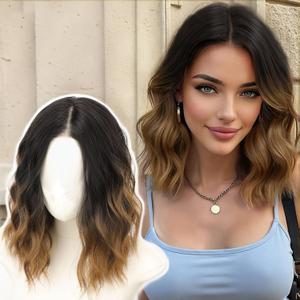 AISI HAIR 14 Inch Ombre Brown Wigs for Women - Shoulder Length Wave Wig with Pre-Cut Lace Hairline, Middle Part Natural Wavy Bob Synthetic Heat Resistant Fiber for Daily and Party