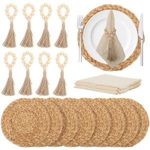 24 PCS Round Woven Placemats Set, 8 Boho Rattan Tablemats 13" Natural Water Hyacinth Farmhouse Place Mats with 8 Cotton Napkins, 8 Wooden Beads Napkin Ring for Kitchen Dining Table Decor