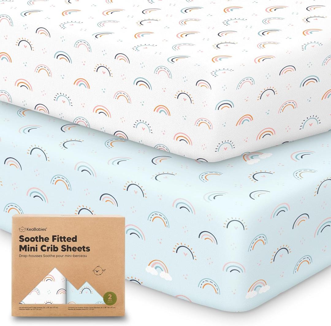 2-Pack Mini Crib Sheets Fitted - 38x26 Pack N Play Sheets for Pack and Play Mattress, Organic Cotton, Soft & Breathable Playard Bedding, Neutral Mini Toddler Bed Cover for Boys, Girls (Jolly Rainbow)
