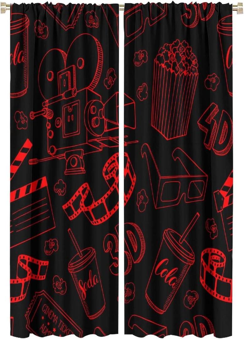 Movie Theater Curtains Vintage Video Camera Watching Movie Glasses Clapperboard Tickets Popcorn Drink Black Red Art Print for Living Room Bedroom Decor Rod Pocket Window Drapes 2 Panels 42x63in (21"W x 63"L (Pack of 2), Style-1)