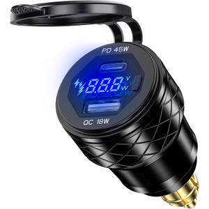 DIN Hella Plug to USB Charger, 45W USB-C PD3.0 & 18W QC3.0 Motorcycle USB Outlet for BMW Triumph Ducati, Waterproof Dual Fast Charge Powerlet Socket with LED Voltmeter