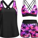 Daci Pink Palm Women 3 Piece Tankini Swimsuits - Tummy Control Tank Top with Bra Modest Bathing Suit with Pockets Boyshorts Bottom 2026 XXL
