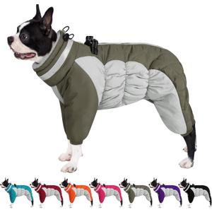 Full Body Dog Coat - Warm Fleece Jacket for Medium Dogs, Turtleneck Winter Coats with Harness, Reflective Dog Snowsuit Windproof Puffer Jackets with Legs for Boston Terrier, Army Green M