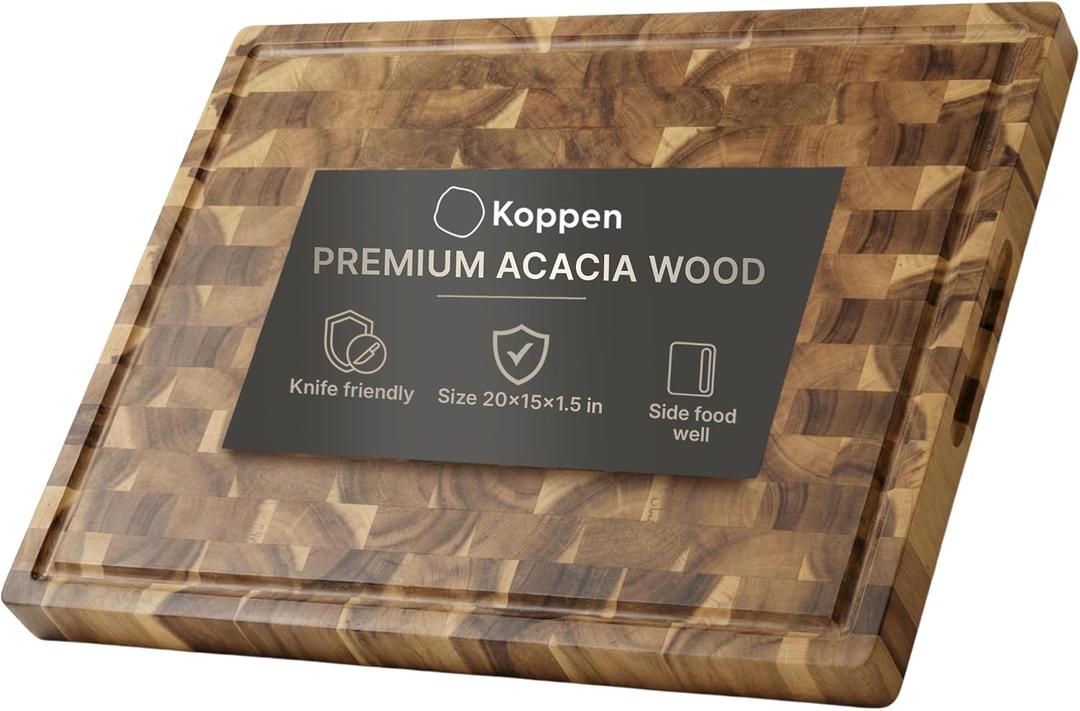 Acacia Wood End Grain Cutting Board, Large 20 x 15 x 1.5in, Knife-Friendly Butcher Block with Juice Groove, Inner Handles, Reversible Heavy-Duty Serving & Chopping Board, Gift Box Included