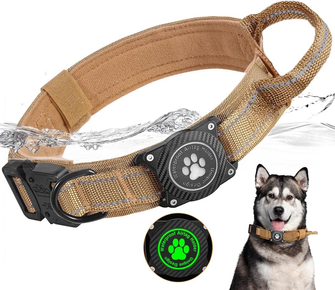 Tactical AirTag Dog Collar, 100% Waterproof Adjustable Military Training Nylon Dog Collar with Apple Air Tag Holder, Heavy Duty Large Dog Collar with AirTag Case,Khaki, L (L (16.5"-20.5"))