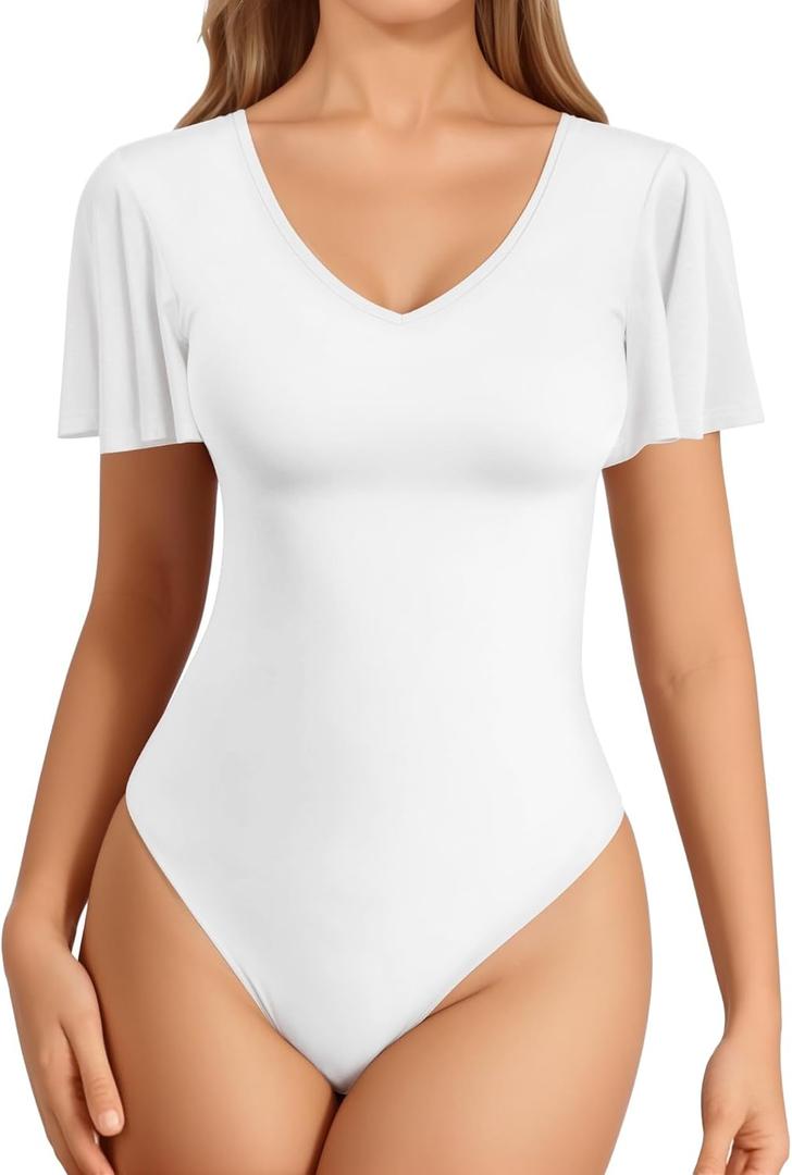 MANGOPOP Womens Deep V Neck Ruffle Short Sleeve Long Sleeve Tops Sexy Bodysuit for Women Clothing (Short Sleeve White, X-Small)