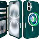 VANAVAGY Compatible for iPhone 16 Wallet Case for Magsafe Wireless Charging, PU Leather Flip Folio Wrist [Glass Screen Protector & Camera Lens Protector] with RFID Block Card Holder,Midnight Green