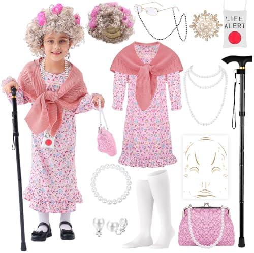 VillbeCoser 100 Days of School Old Lady Costume Set Grandma Dress Up Cosplay Accessories for Girls 13PCS PinkRose M