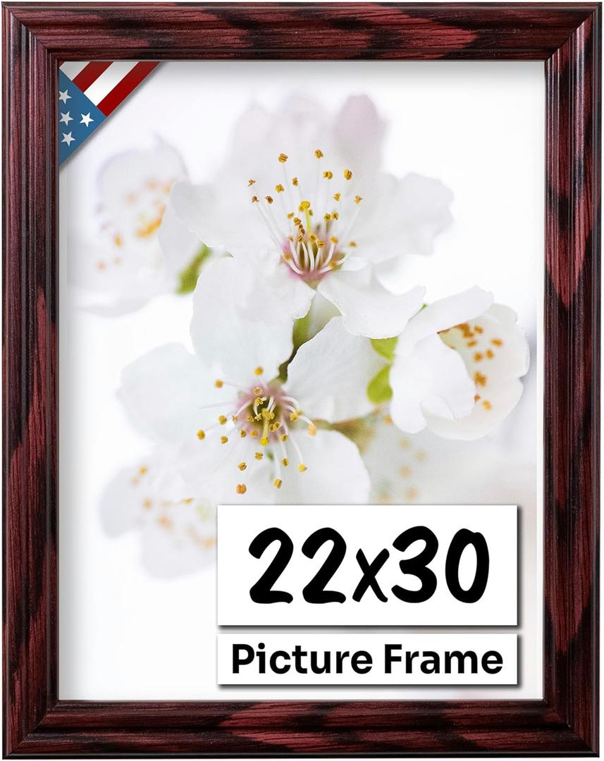 Cherry 22x30 Picture Frame .75" Inch Wide - Cherry Wall Decor Handmade Solid Wood Frames with Preinstalled Hangers and UV Blocking Plexiglass 30x22 Frame