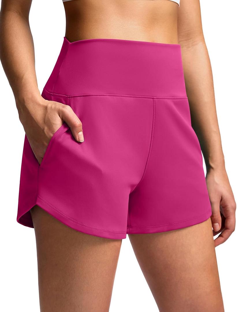 Soothfeel High Waisted Athletic Running Shorts for Women 3.5" Tummy Control Comfy Workout Gym Hiking Shorts with Pockets (X-Large, Hot Pink)