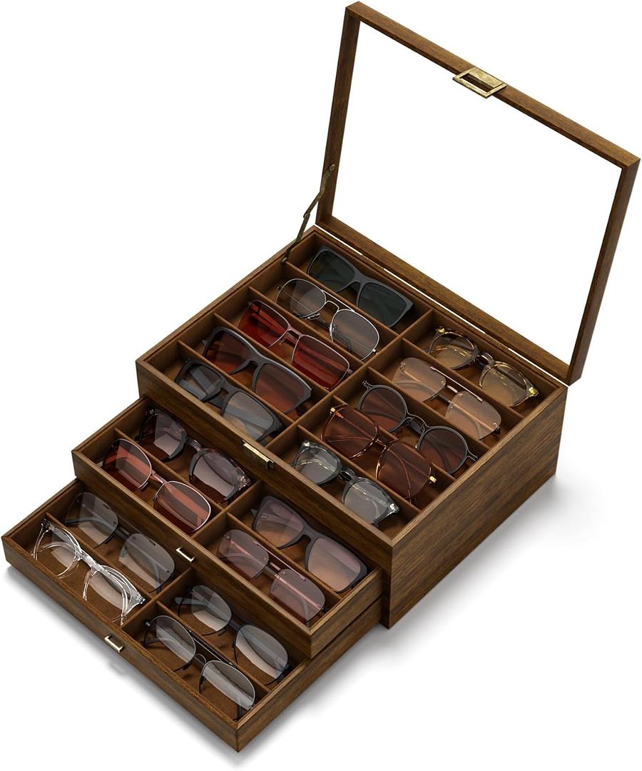 NEWLOOP 10/20/30 Wooden Pattern Sunglass Organizer Multiple Pairs of Eyeglass Ultra-thin Frame Storage Box for Women Men