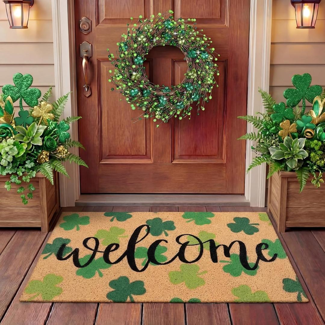 Tingjoo 2 Pcs St. Patrick's Day Coir Door Mat and Shamrock Wreath for Front Door Green Shamrock Welcome Doormat Irish St. Patrick's Day Decorations for Front Porch Entryway Decor