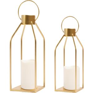 HPC Decor Modern Farmhouse Lantern Decor- Gold Metal Candle Lanterns for Christmas- Lanterns Decorative w/Timer Flickering Candles for Living Room, Home, Indoor, Outdoor, Table,Fireplace Mantle Decor