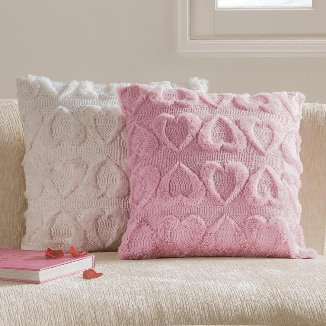 Valentines Day Decorations Heart Pillow, White and Pink Pillow Covers 18x18 Set of 2, Decorative Throw Pillow Cases, Couch Pillows for Living Room Holiday Decor Pillow Covers Decorations Sofa Bed
