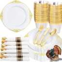 Nervure 175PCS Gold Plastic Plates - Disposable White Gold Party Plates & Pre Rolled Napkins with Cutlery for 25 Guests, 50Plates, 75Silverware, 25Cups, 25Napkin for Wedding & Party & Thanksgiving